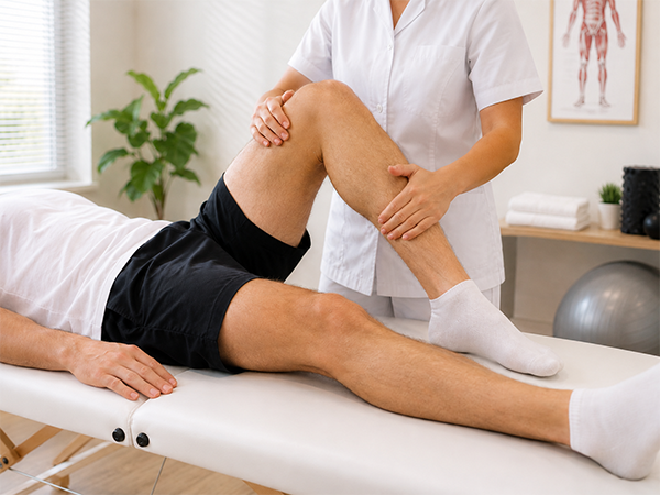 Fisioterapeuta orientando paciente durante exercício de reabilitação ortopédica